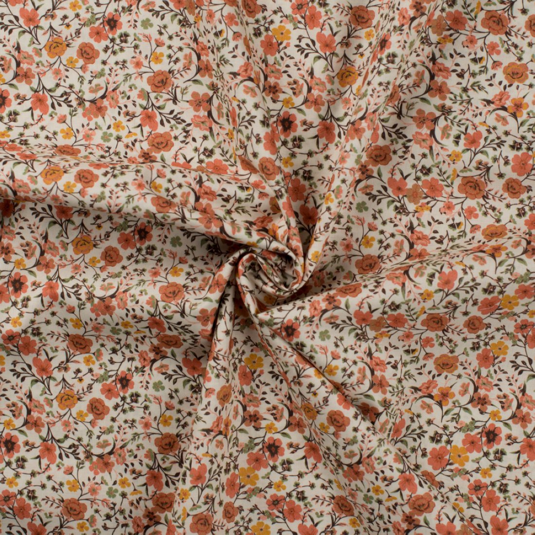 Tissu voile coton imprimé petite fleur rouge orangé fond écru