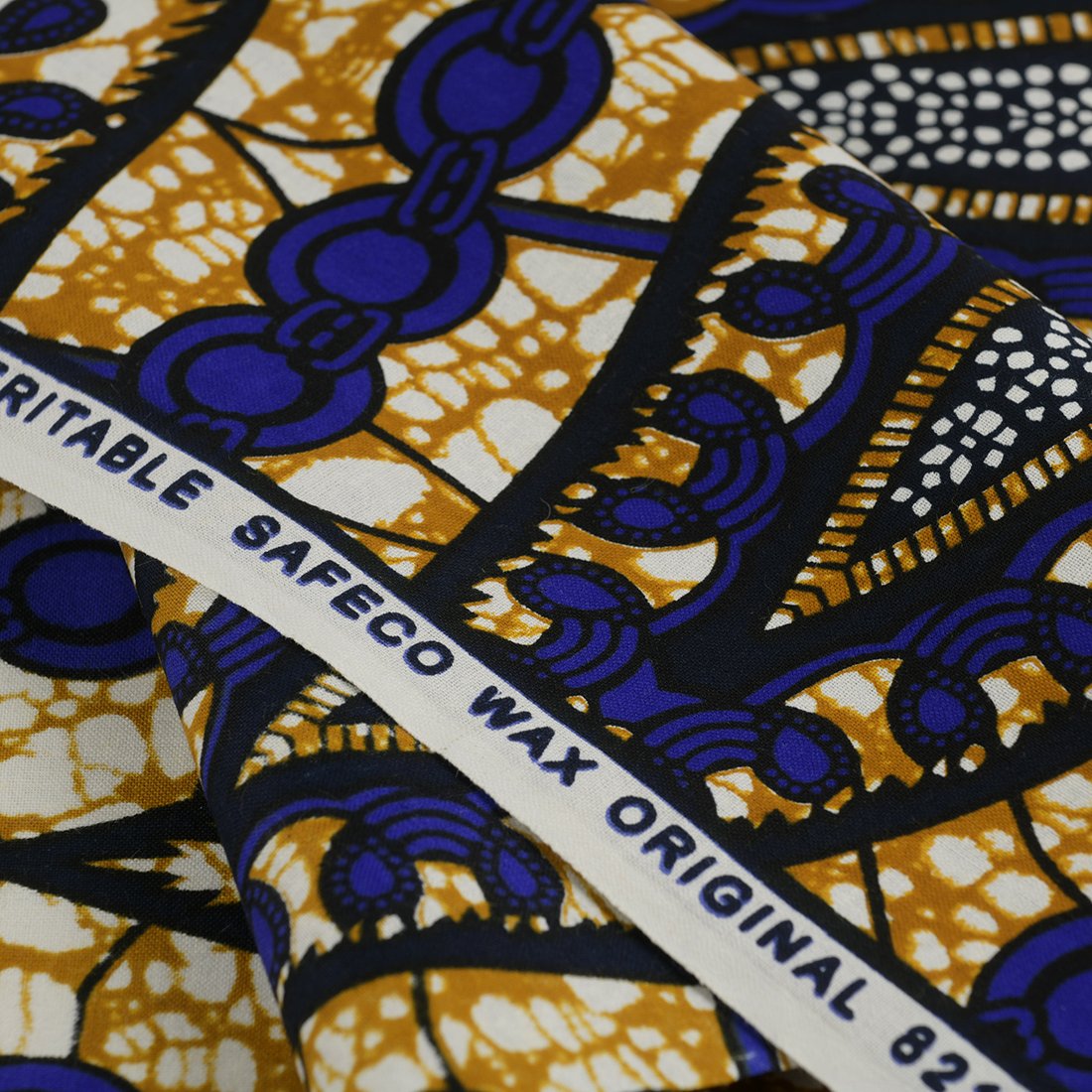 Tissu coton motif wax géométrique xl ocre bleu