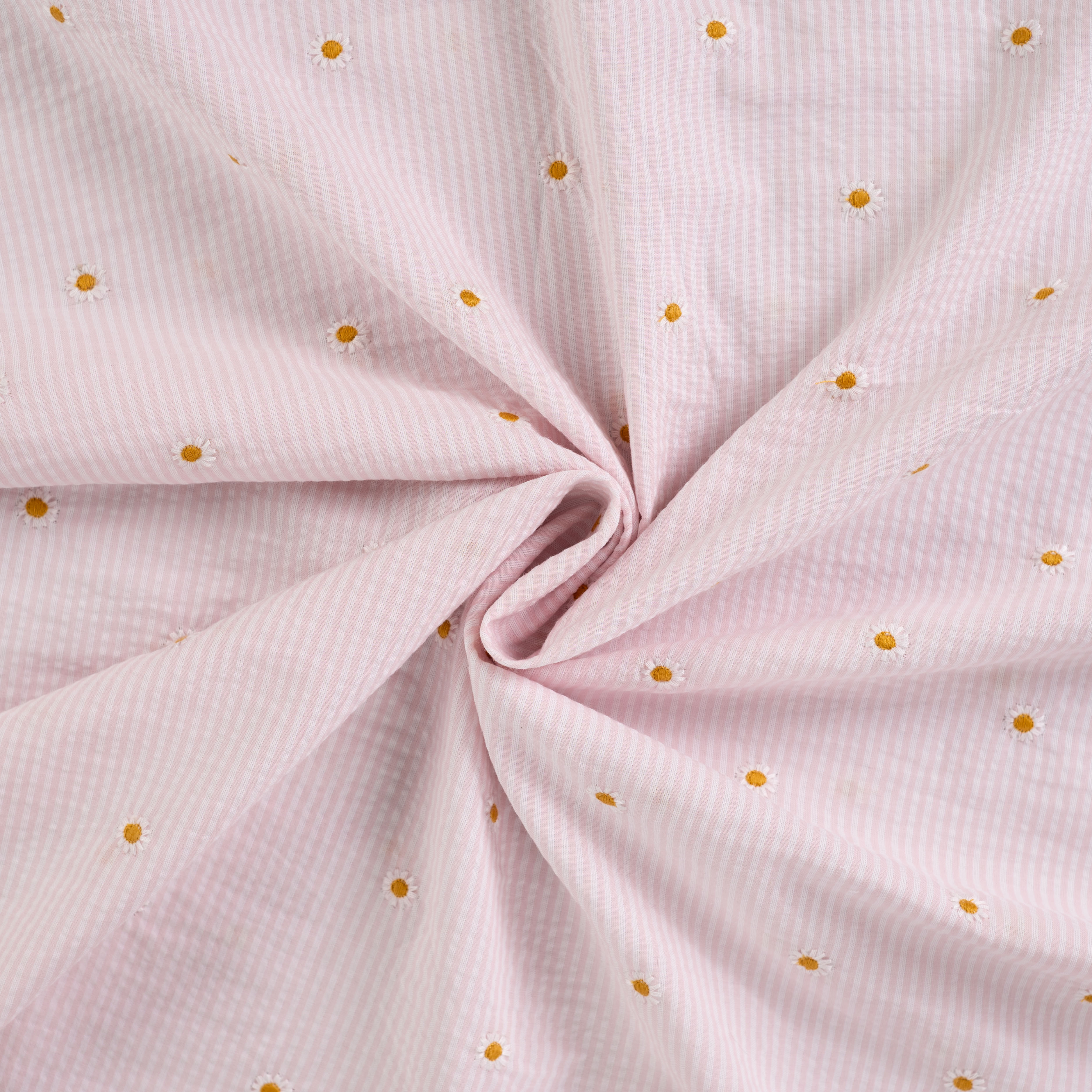 Tissu seersucker marguerite brodée fond rayé