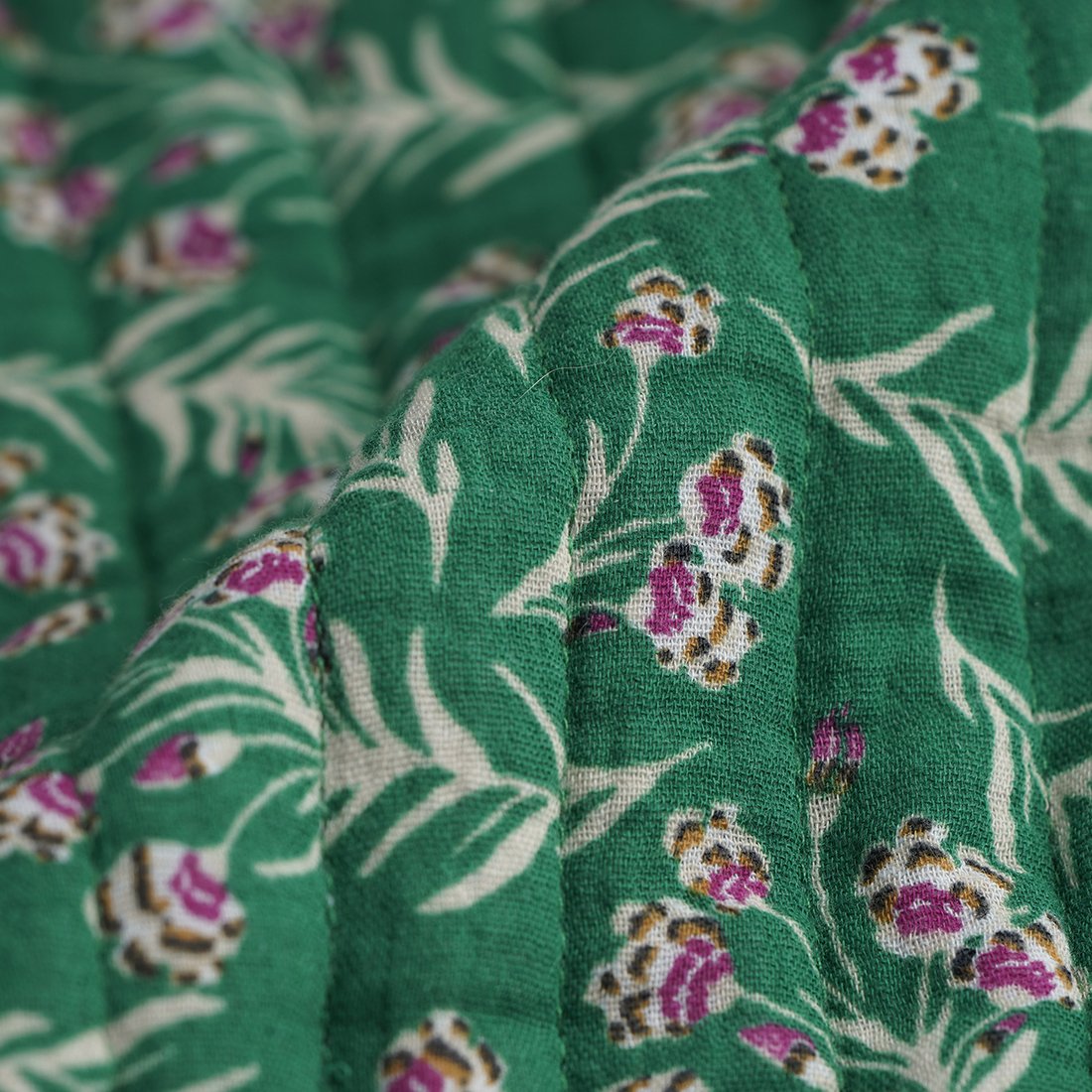 Tissu matelassé double gaze bouquet vert - MT