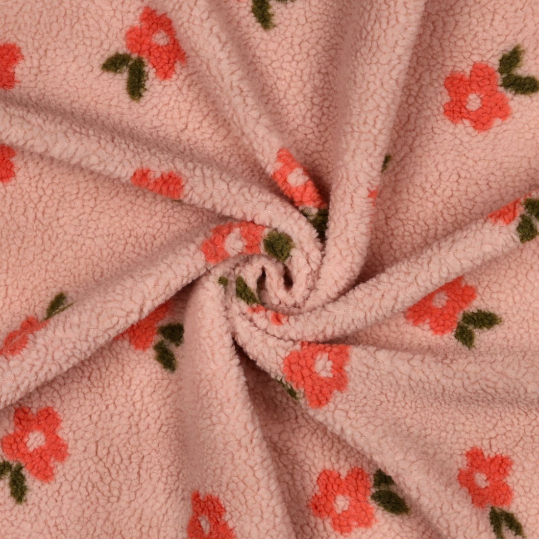Tissu Sherpa fleurette orange sur fond rose