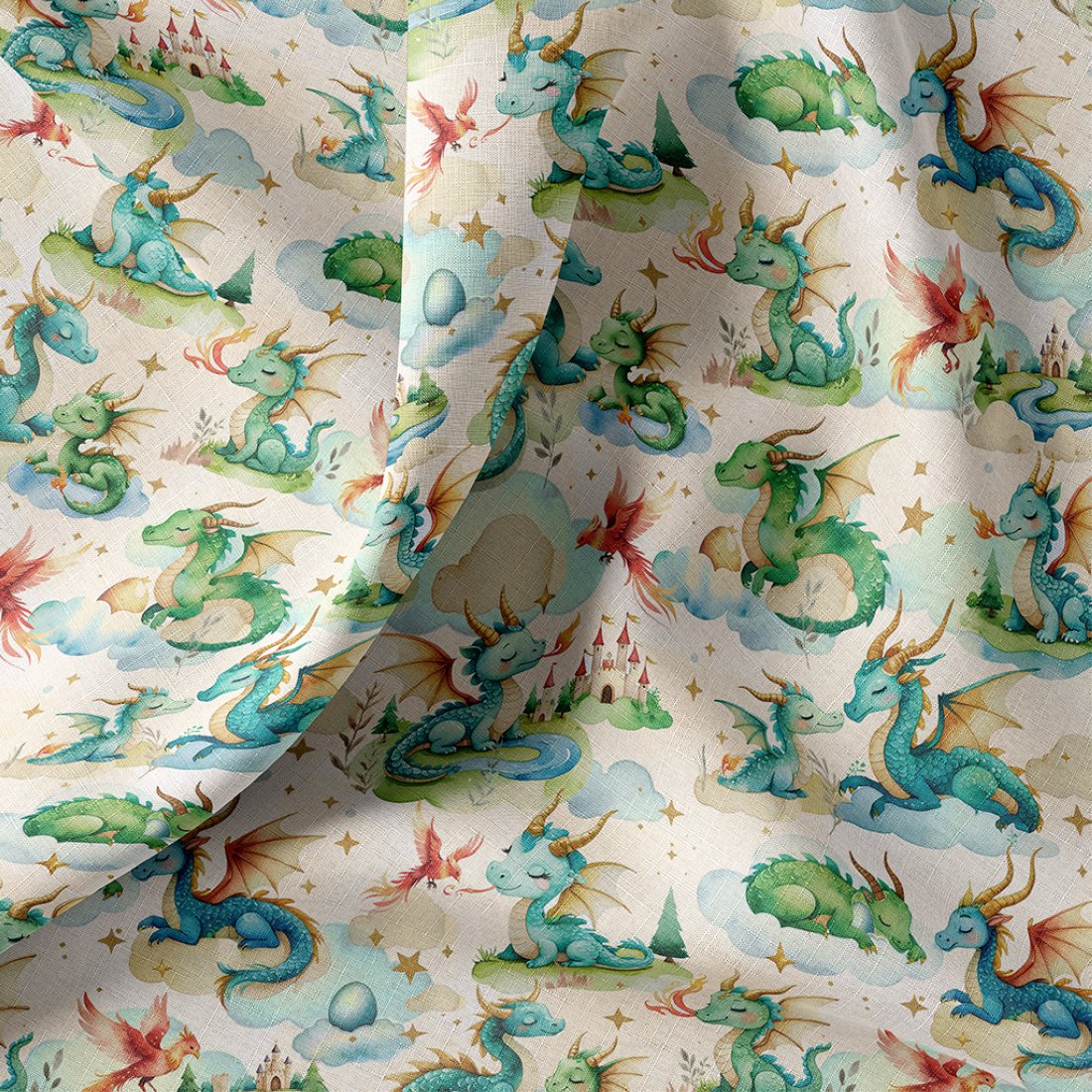 Tissu cretonne imprimé digital dragons mignons beige - DOMOTEX