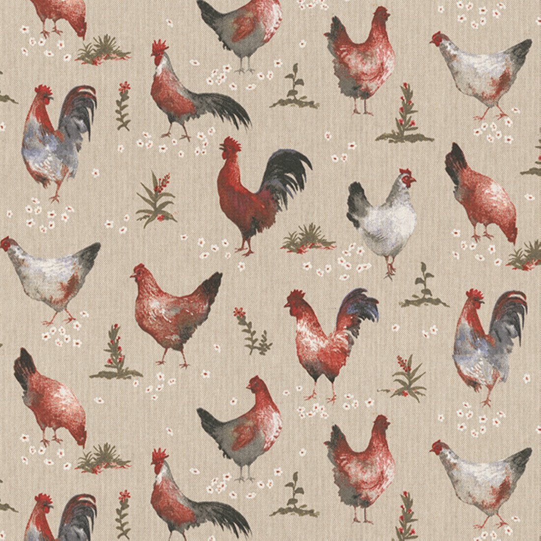 Tissu coton épais bachette effet lin motifs poules