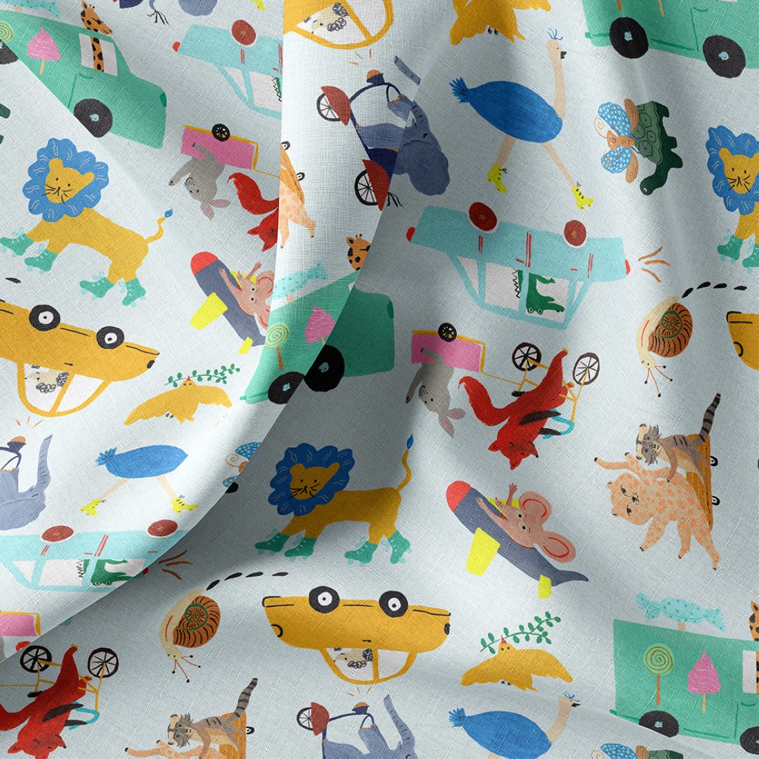 Tissu cretonne imprimé digital voitures et camions multicolores bleu ciel - DOMOTEX