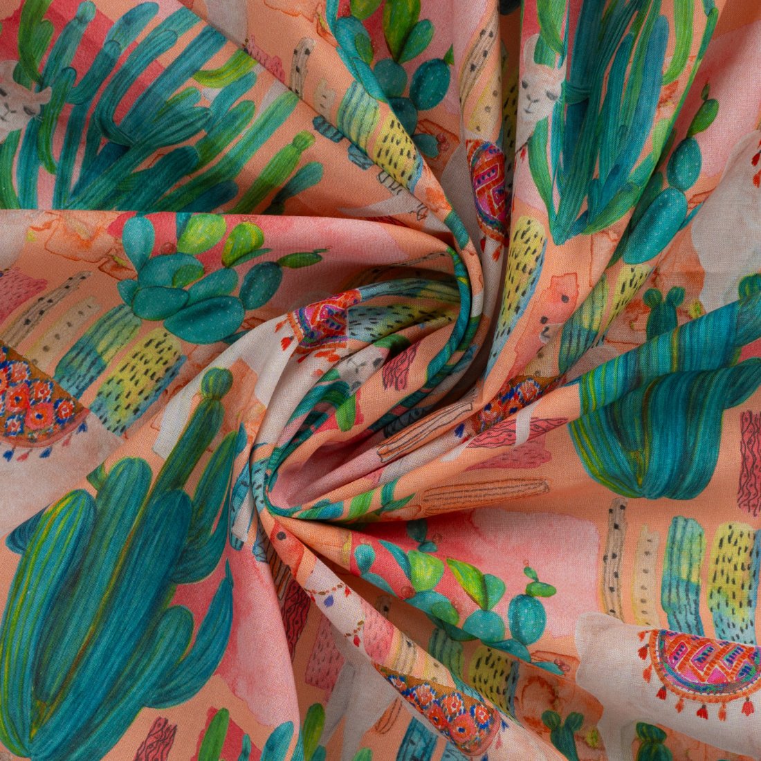 Tissu voile de coton digital lama dans le désert multicolore
