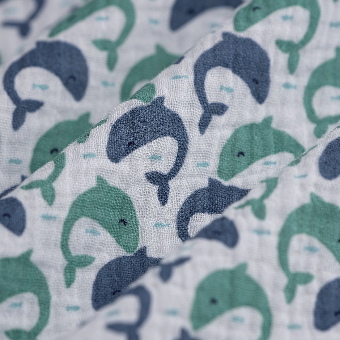 Tissu double gaze baleines et poissons blanc - MT
