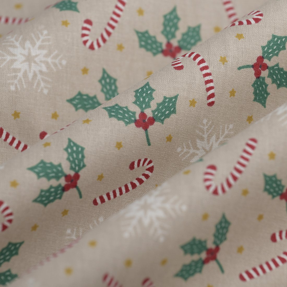 Tissu cretonne de Noël canne houx beige - MT