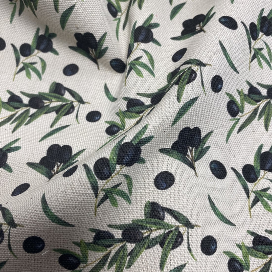 Tissu bachette coton linenlook branches d'oliviers beige