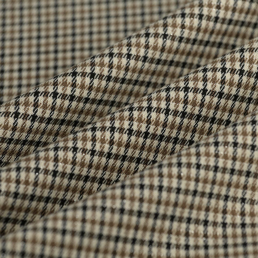 Tissu pied de poule camel noir écru brillant