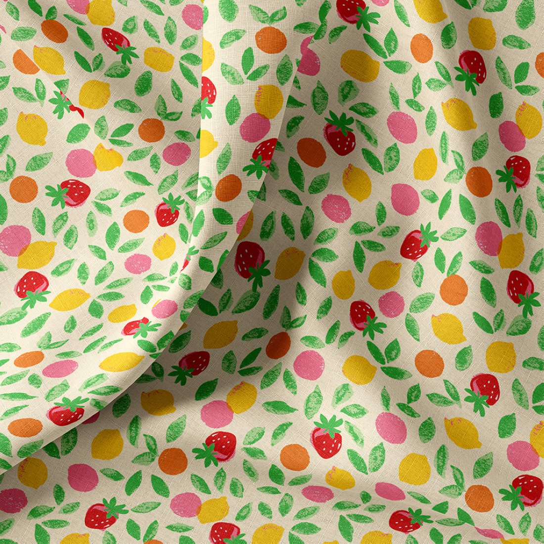 Tissu cretonne petits fruits jaune rose rouge jaune pâle - DOMOTEX