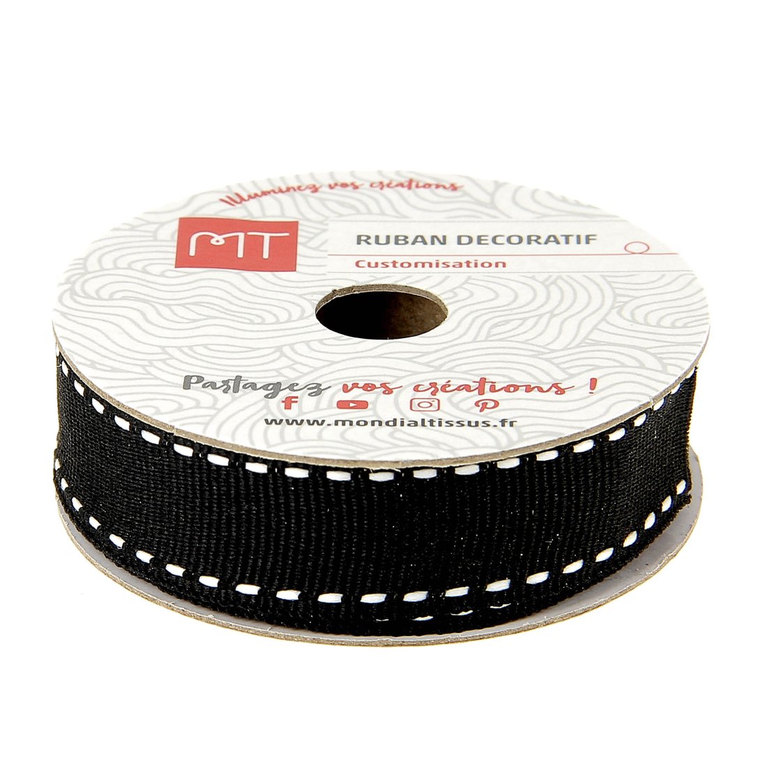 Bobine ruban gros grain noir surpiqué 15 mm