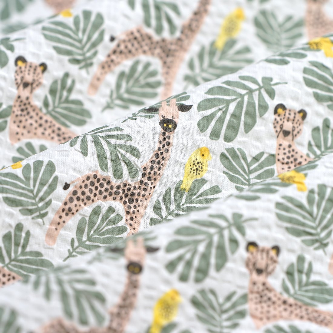 Tissu seersucker coton animaux jungle palme beige - MT