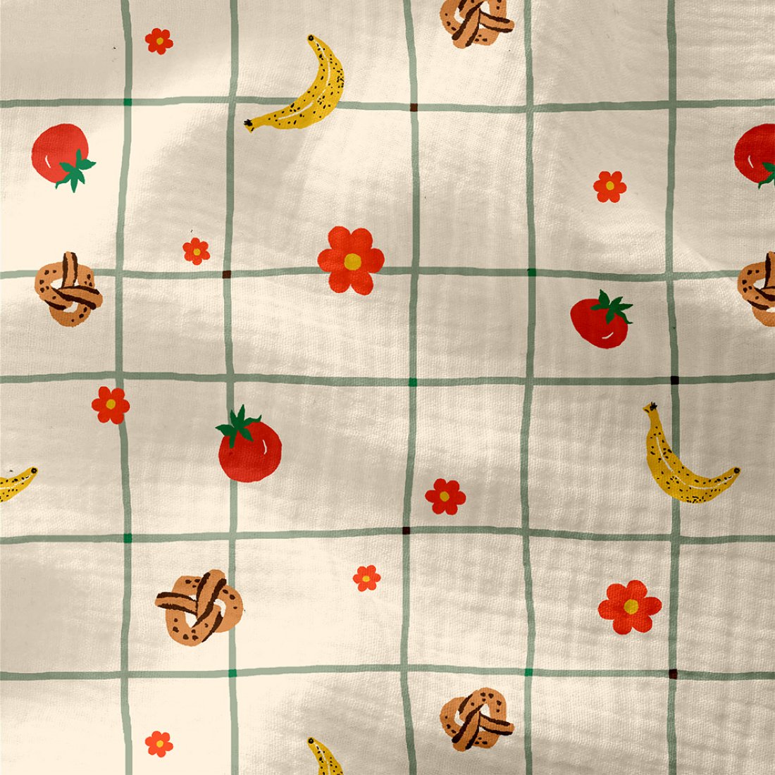 Tissu double gaze pique-nique fond carreaux vert écru - DOMOTEX