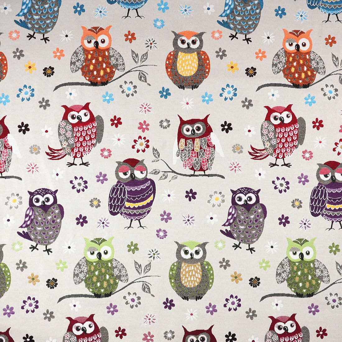 Tissu jacquard beige hiboux