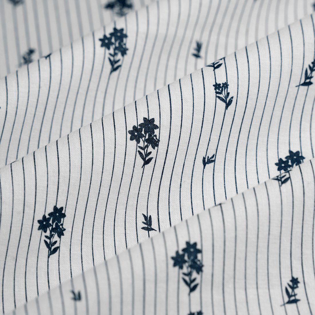 Tissu cretonne rayure bouquet marine - MT