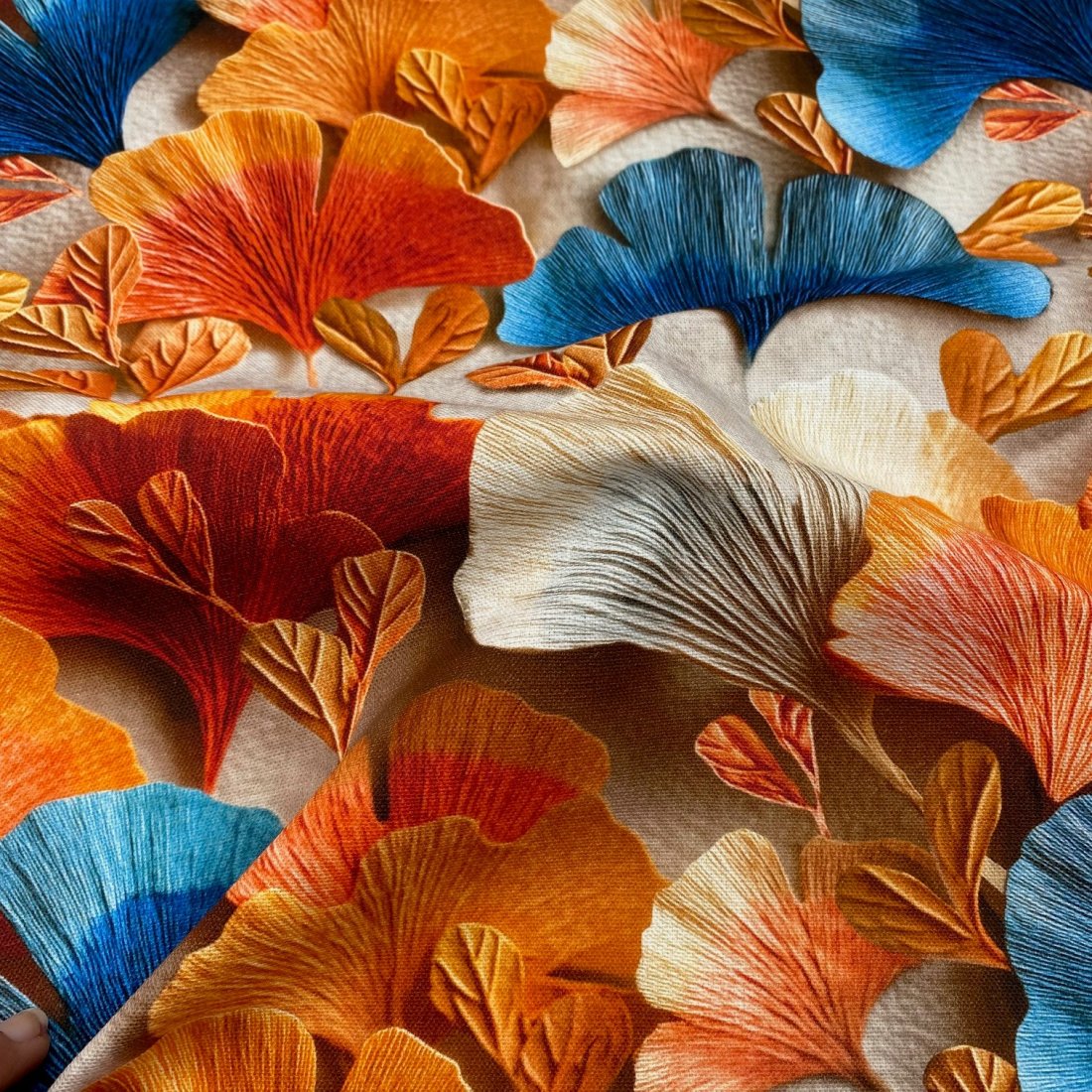 Tissu bachette imprimé feuille ginkgo 3D