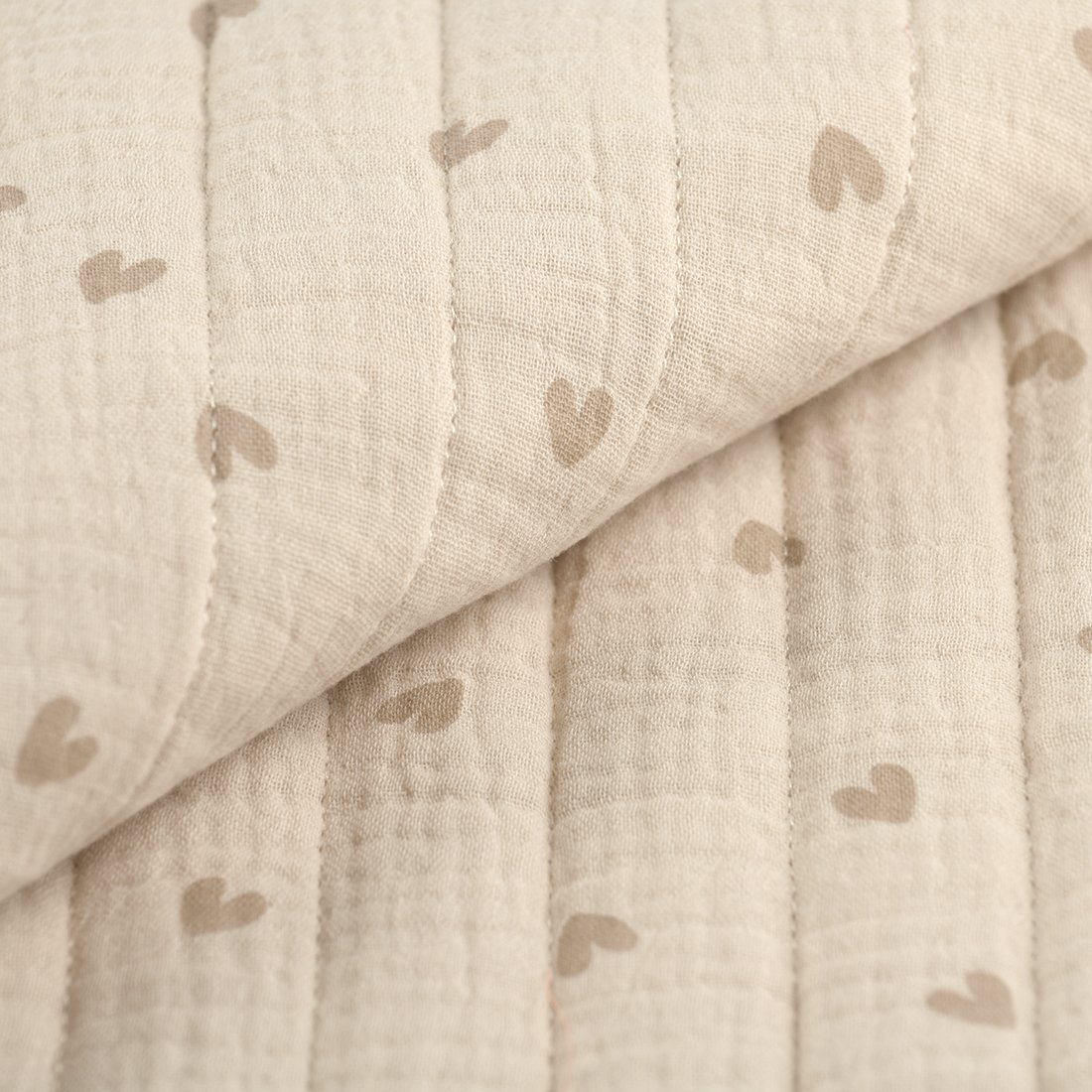 Tissu matelassé double gaze petit coeur camel écru - MT