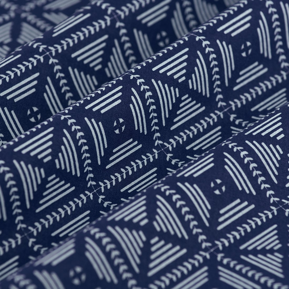 Tissu cretonne géométrique folk bleu blanc - MT