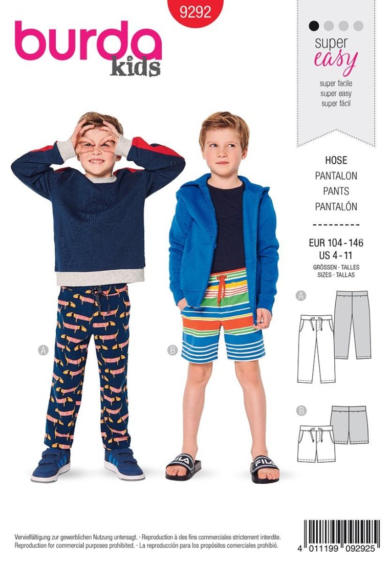 Patron burda 9292 Pantalon et short à ceinture extensible de 4 à 11 ans