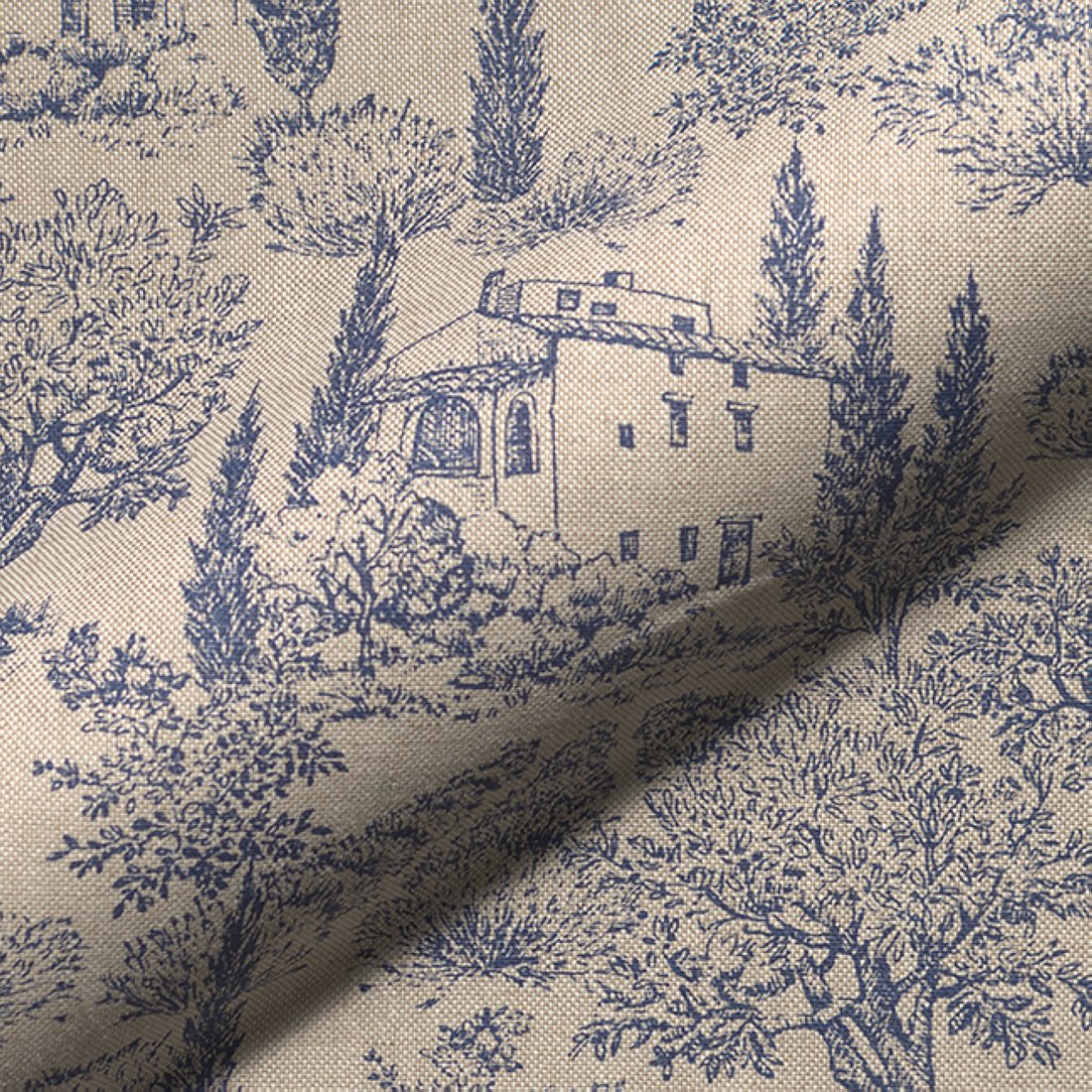 Tissu bachette linenlook style toile jouy provençale bleu
