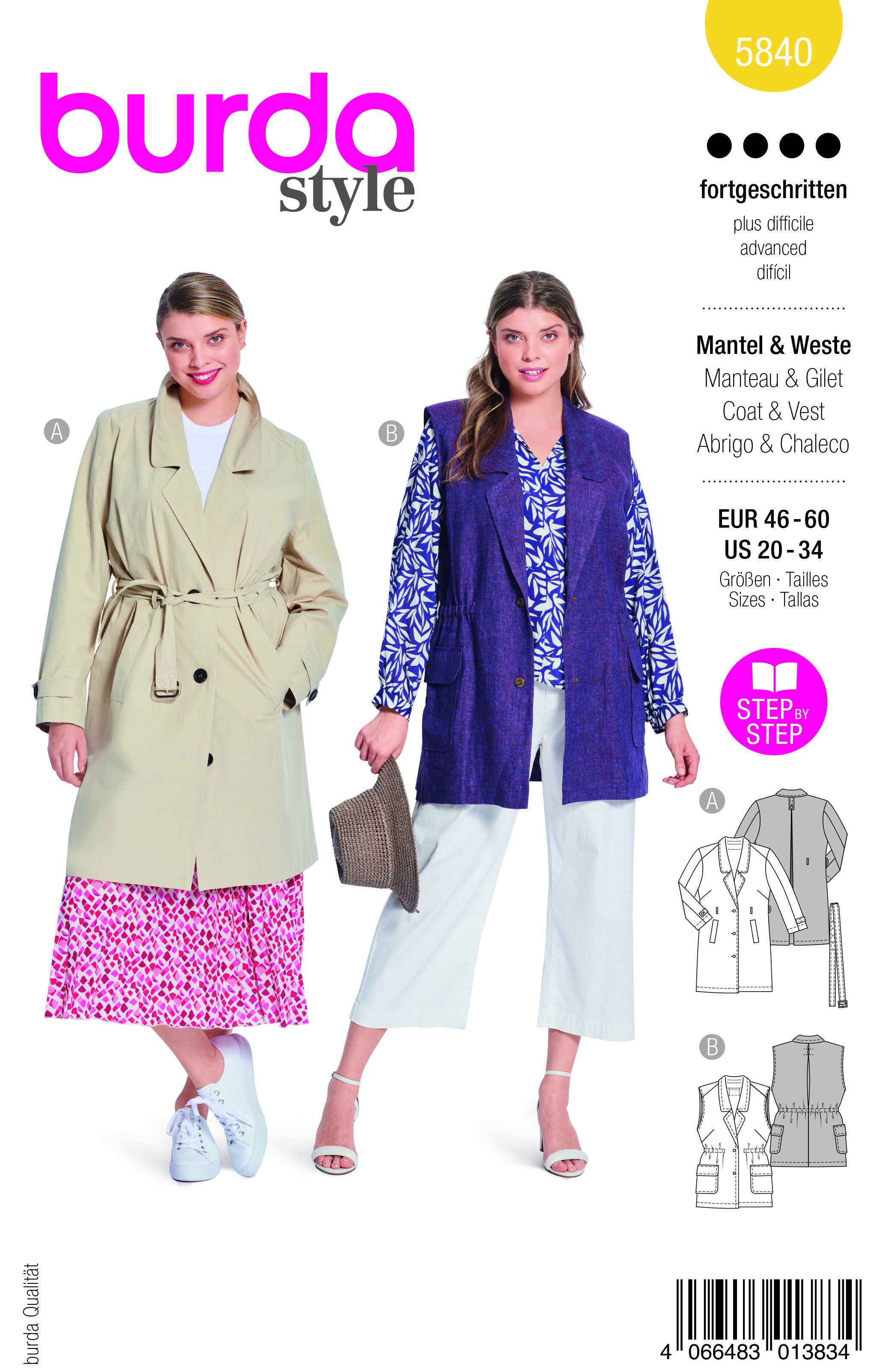 Patron Burda N° 5840 manteau et gilet T 46 à 60 - Burda - Mondial Tissus