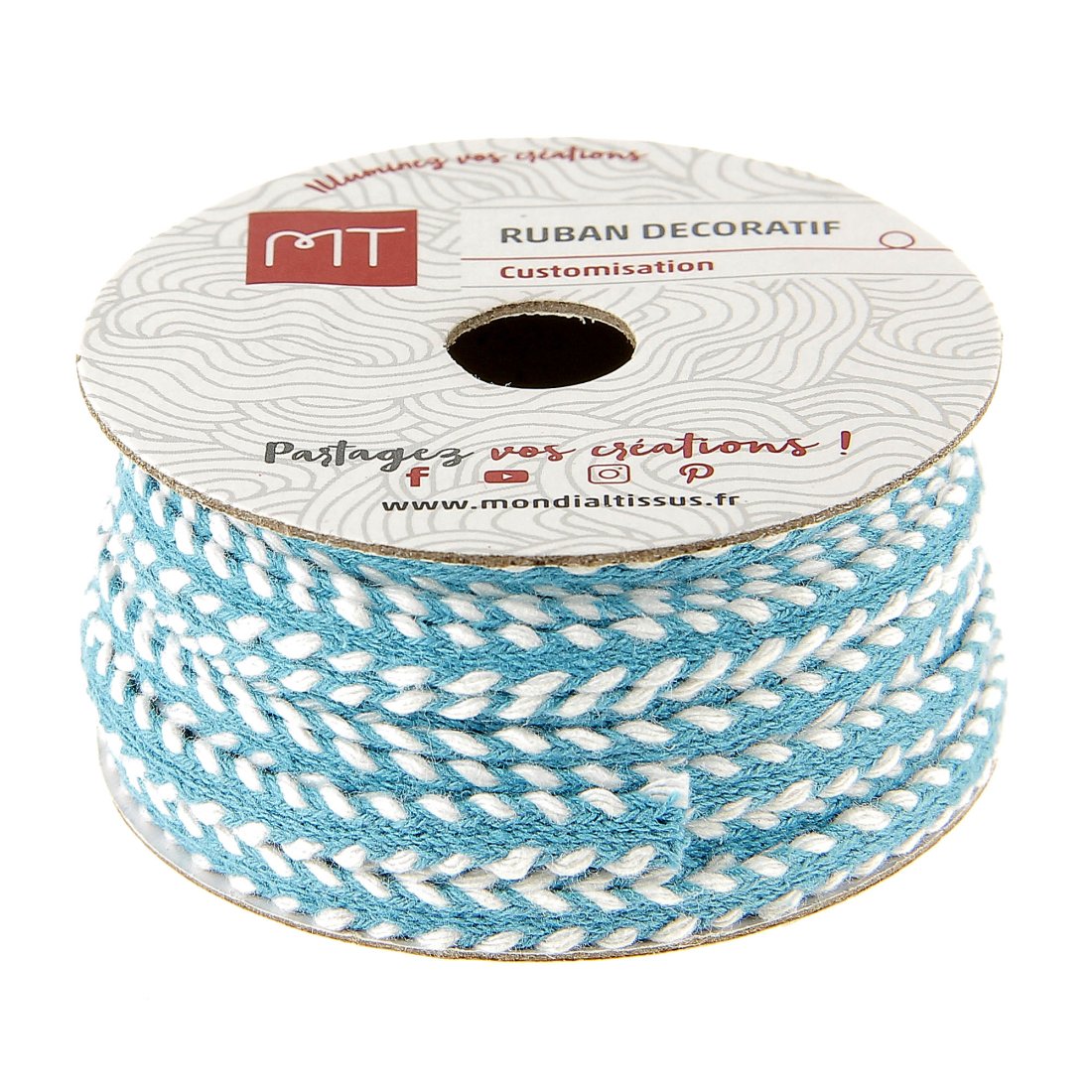 Bobine cordon tressé bleu et blanc 6 mm