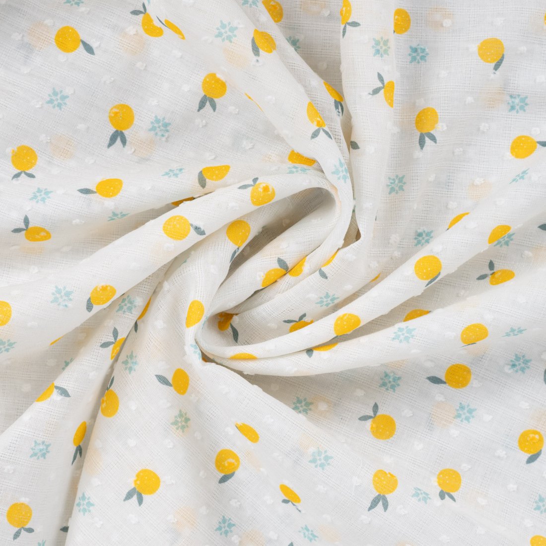 Tissu voile coton dobby digital petit citron jaune écru