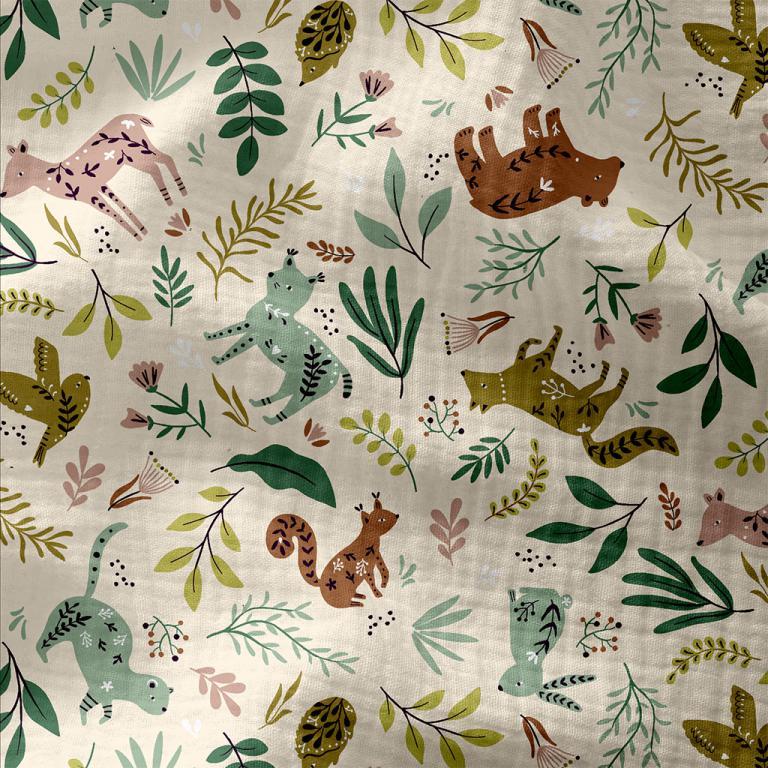 Tissu double gaze animaux fleuris multico - DOMOTEX