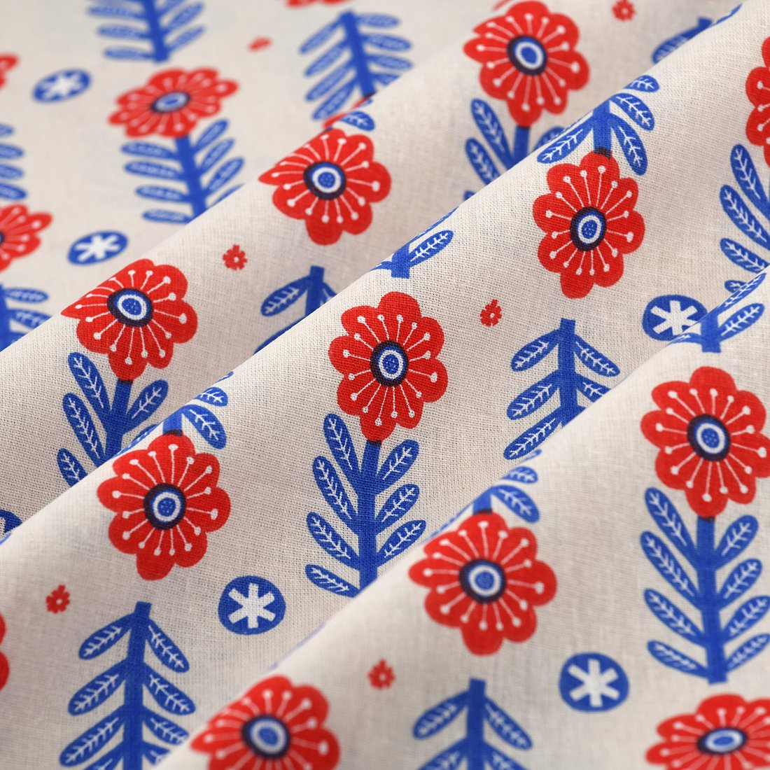 Tissu cretonne blomma bleu rouge - MT