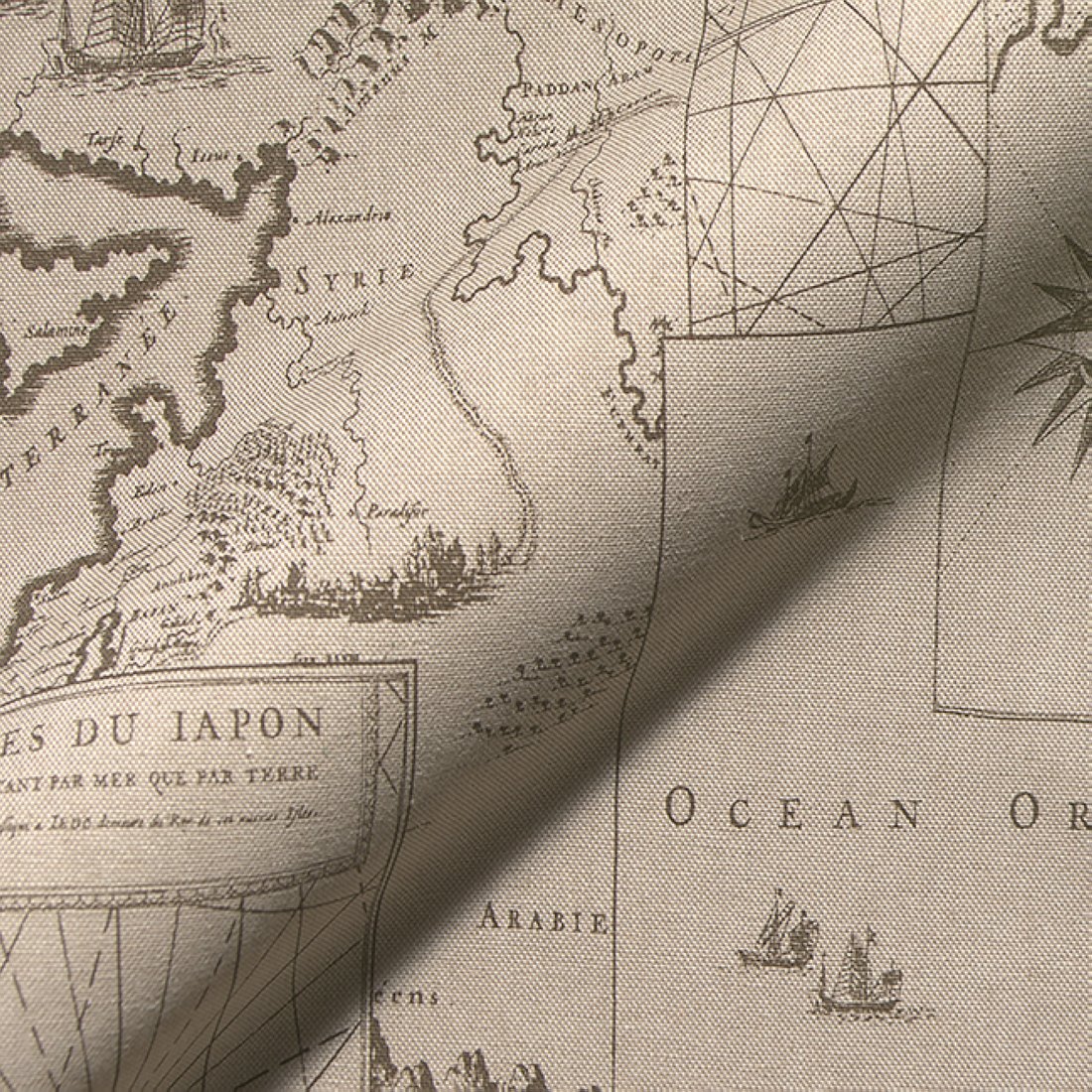 Toile linenlook semi panama premium imprimé carte mer écru