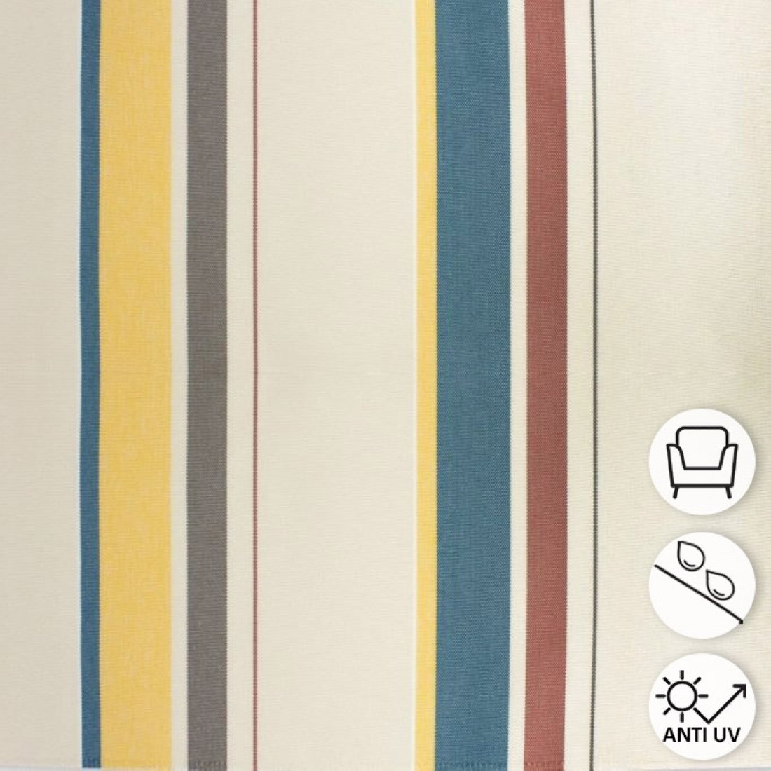 Tissu outdoor déperlant anti-uv écru rayé pétrole terracota et jaune 150 cm
