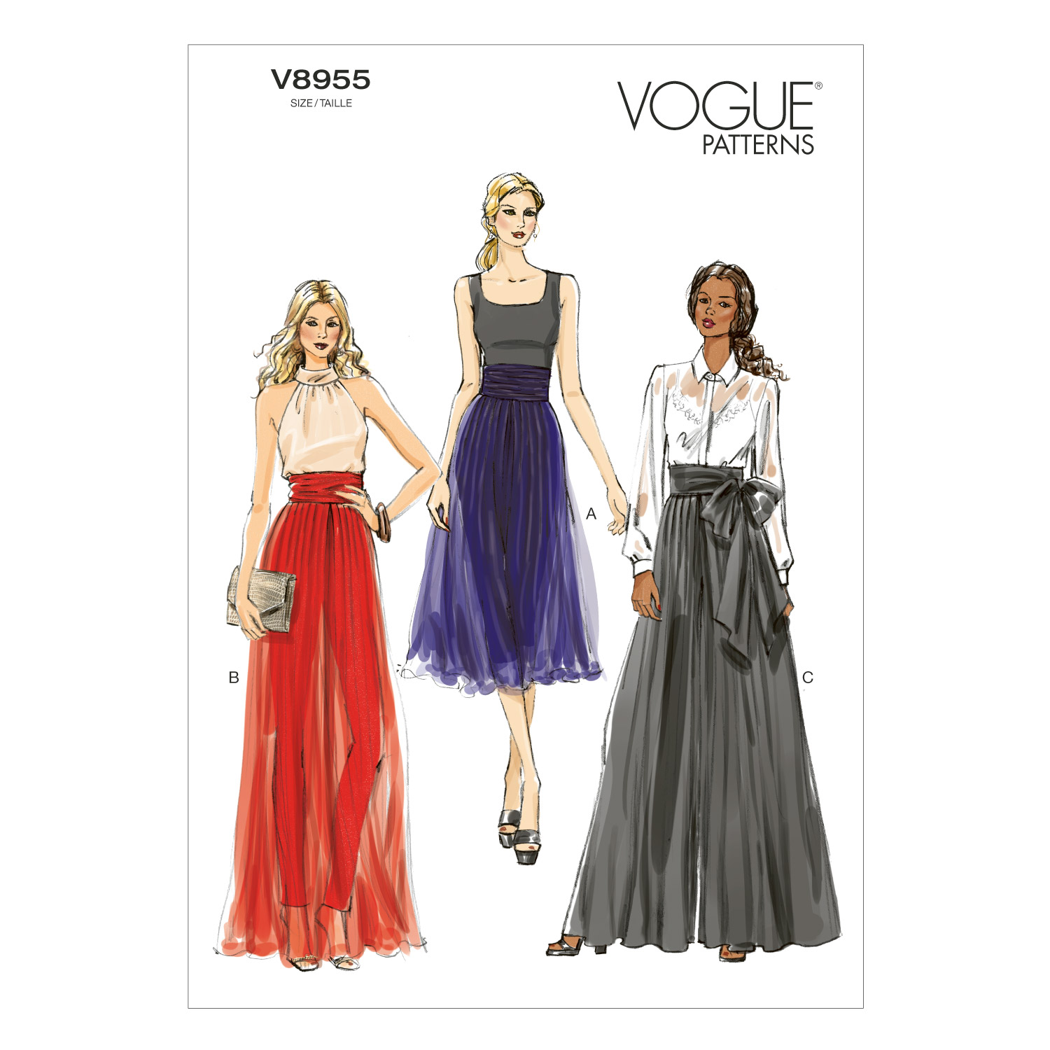 Patron Vogue 8955E5 jupe - culotte femme ceinture cummerbund - du 42 au 50 - Vogue - Mondial Tissus