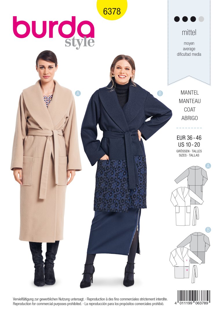 Patron Burda 6378 Manteau pour dames de 38 à 48