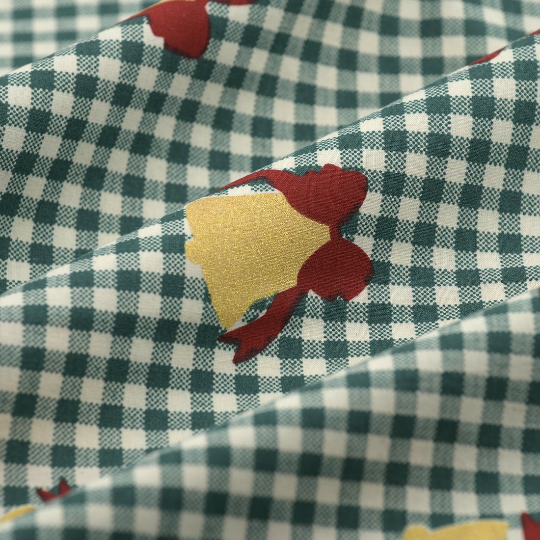 Tissu cretonne de Noël vichy vert cloche or - MT