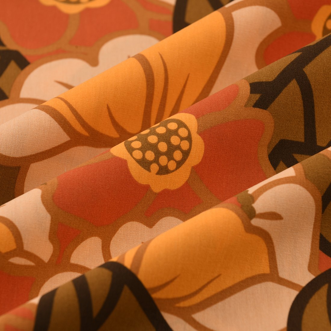 Tissu cretonne fleurs seventies kaki orange - MT