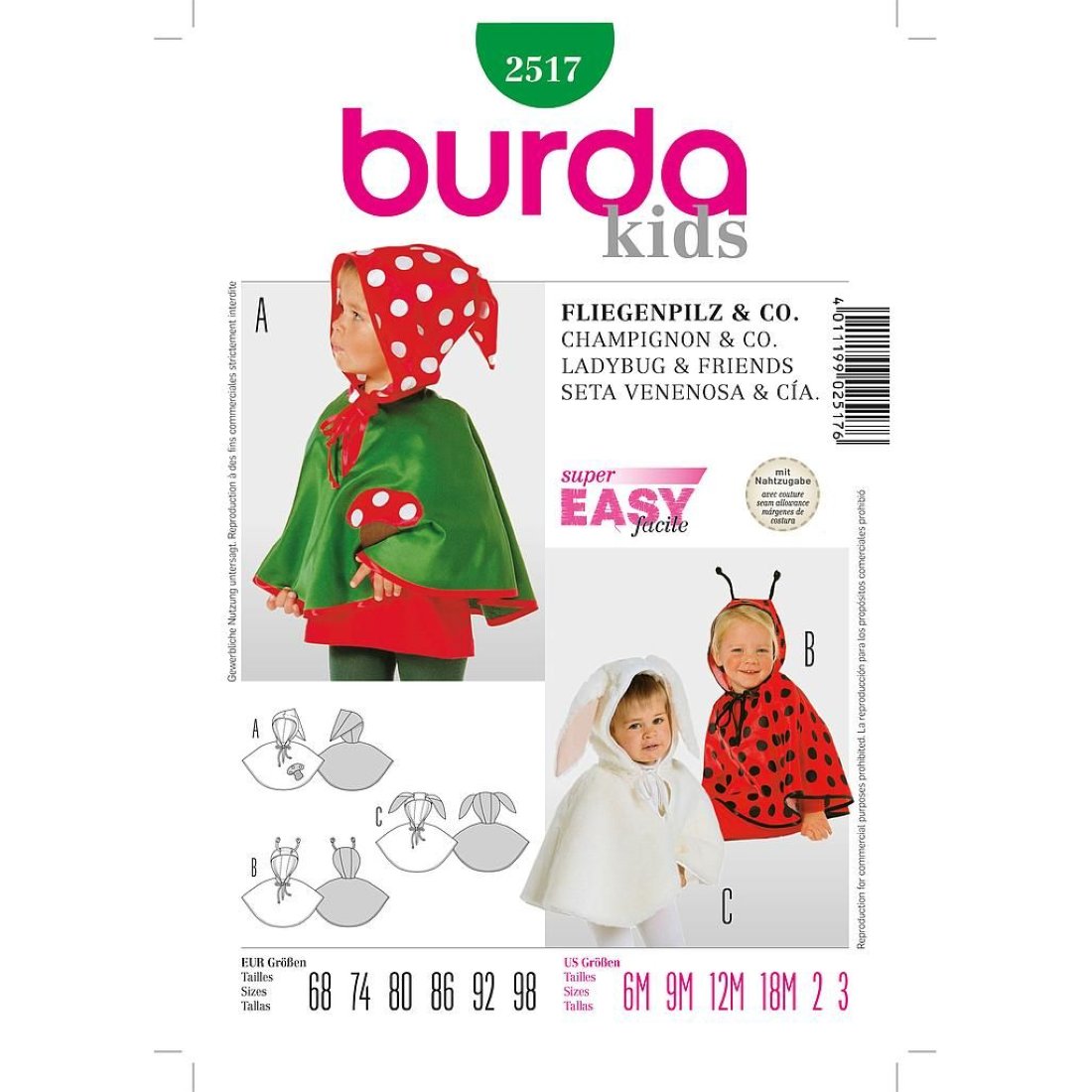 Patron Burda 2517 - déguisement enfant champignon lapin coccinelle - Burda - Mondial Tissus