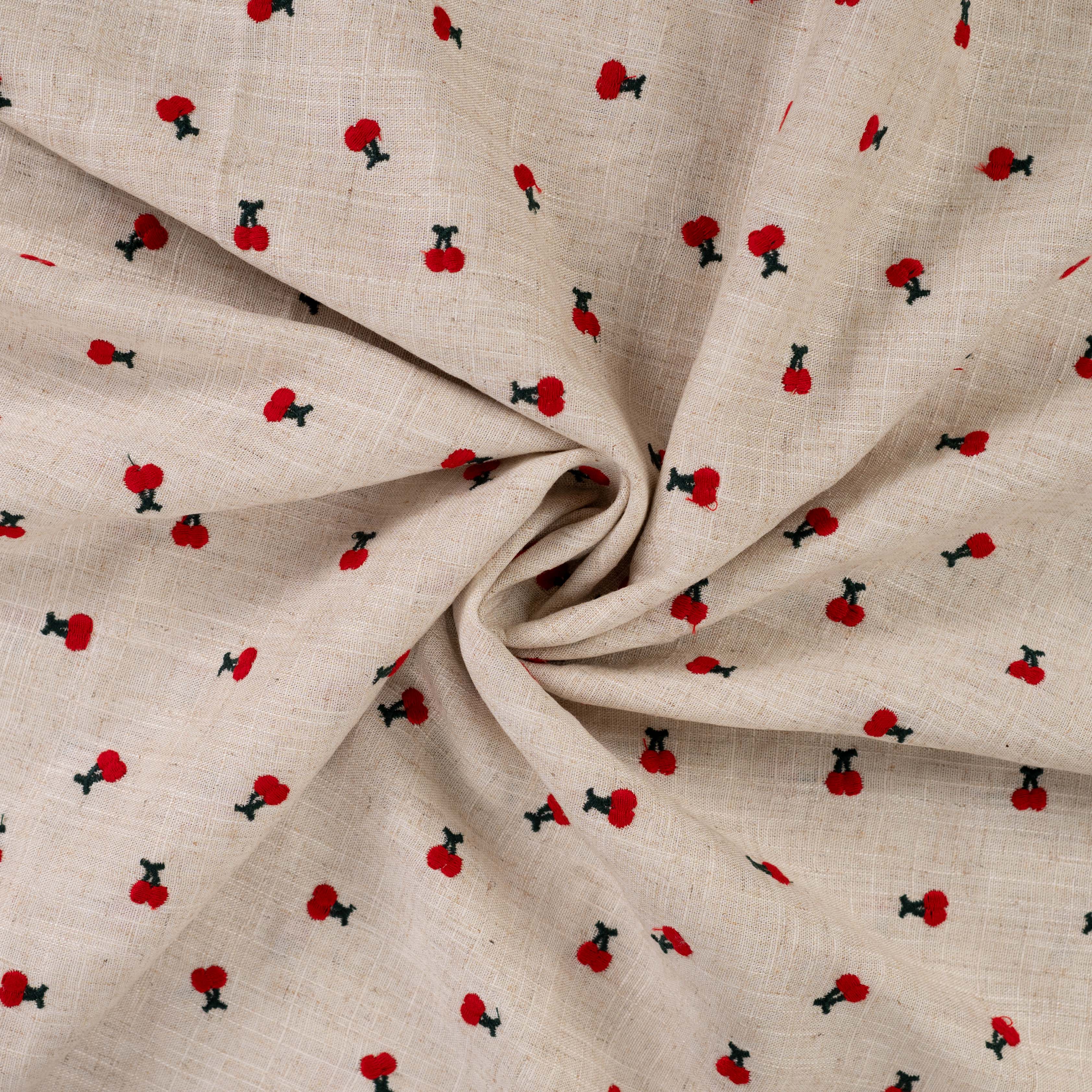 Tissu lin brodé cerise