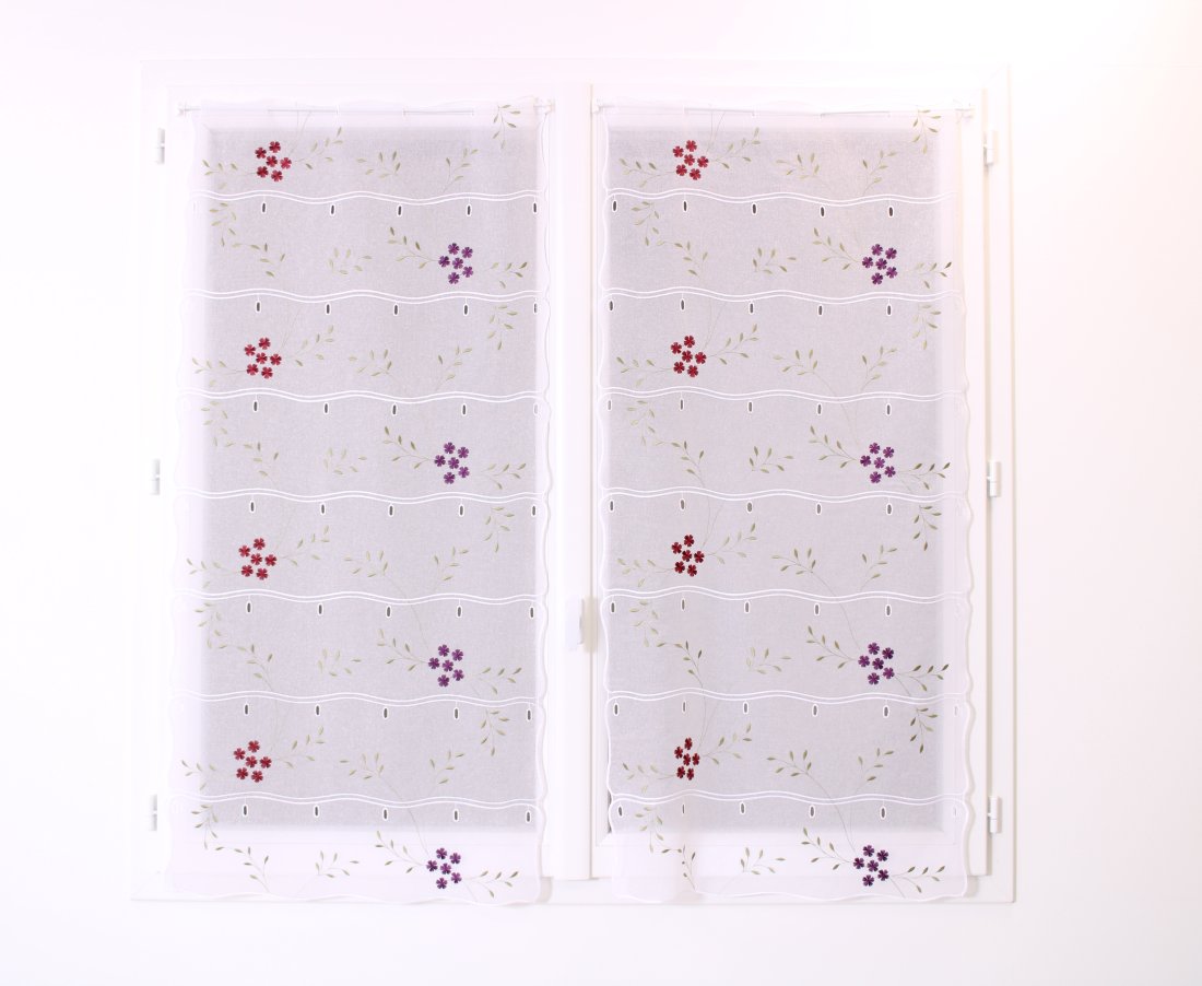 Voilage modulable petites fleurs rouge violet 90 cm