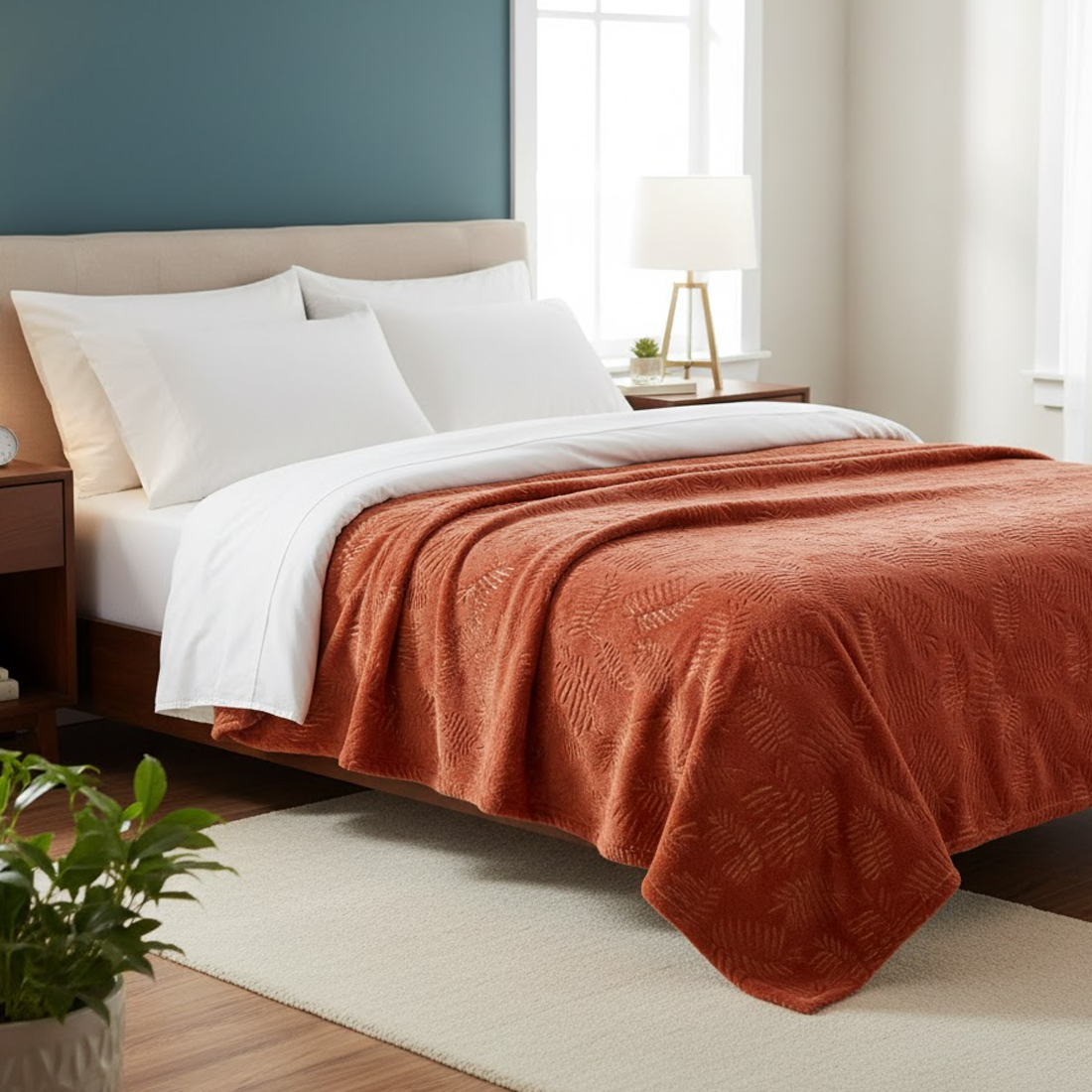 Couverture flanelle embossée terracotta feuilles dorées 220x240 cm - MT