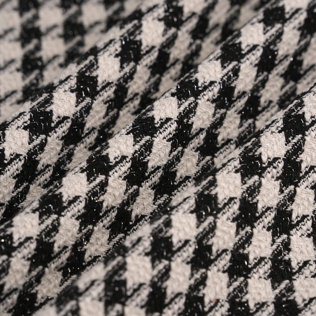Tissu tweed pied de coq lurex noir blanc
