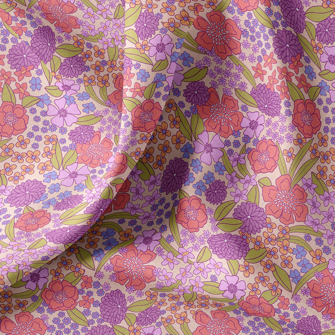 Tissu cretonne floral pastel lilas - DOMOTEX