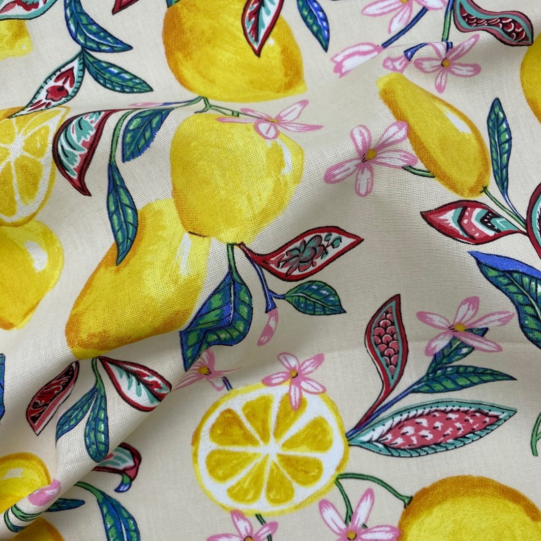 Tissu cretonne imprimé citronnier écru