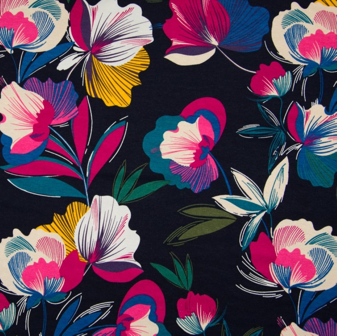 Tissu jersey en viscose à motifs fleurs graphiques violettes