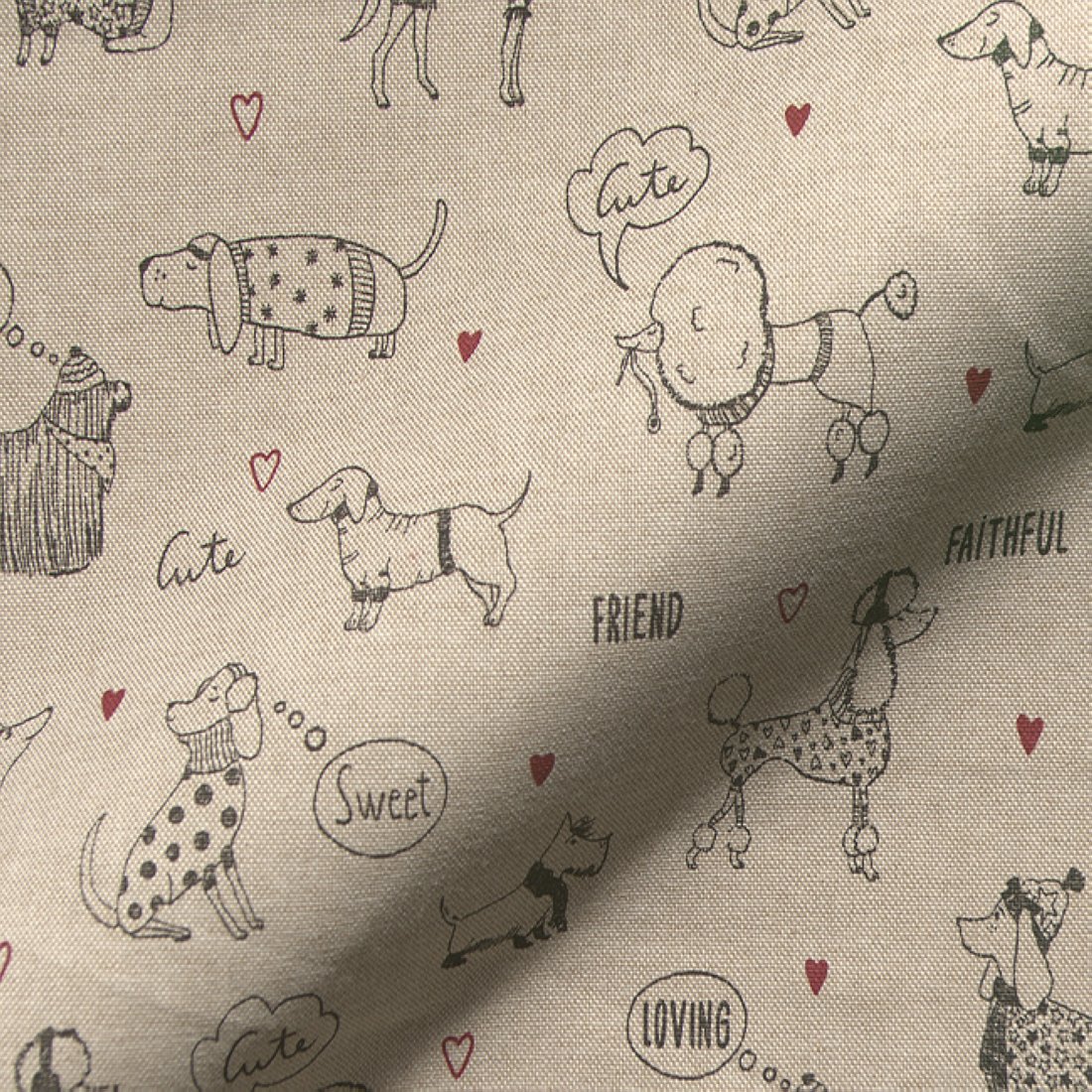 Tissu bachette coton semi-panama naturel motifs chiens amoureux