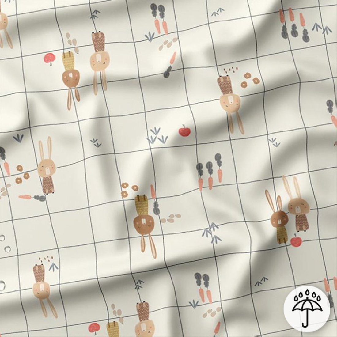 Tissu imperméable animaux mignons fond carreaux écru - DOMOTEX