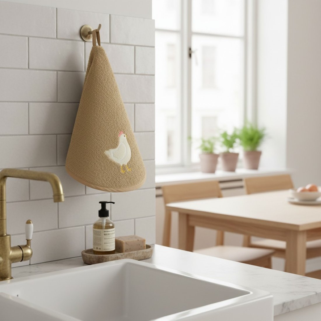 Essuie-main brodé petite poule taupe diamètre 60 cm - MT