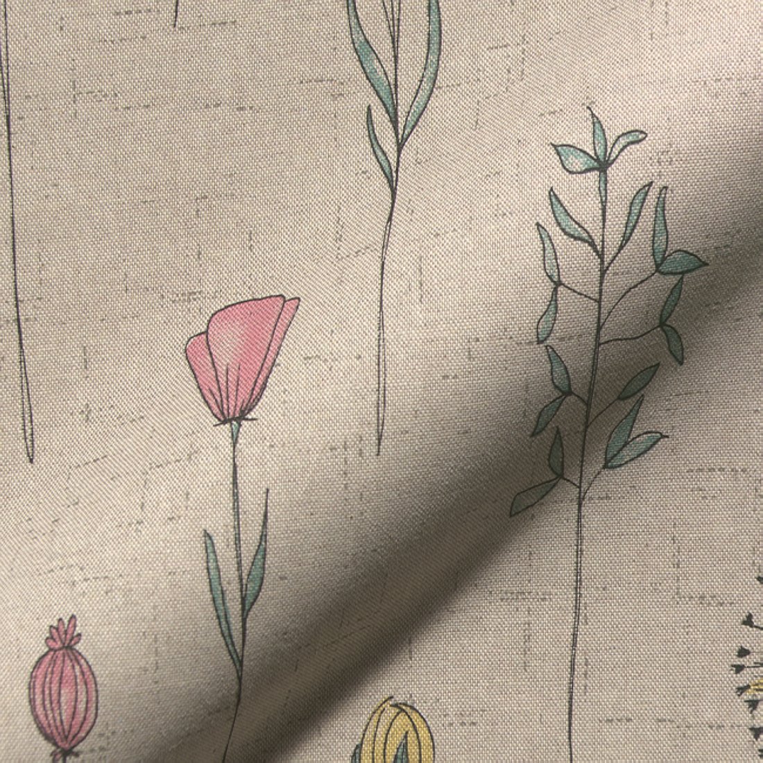 Tissu bachette coton semi-panama naturel motifs fleurs delicates