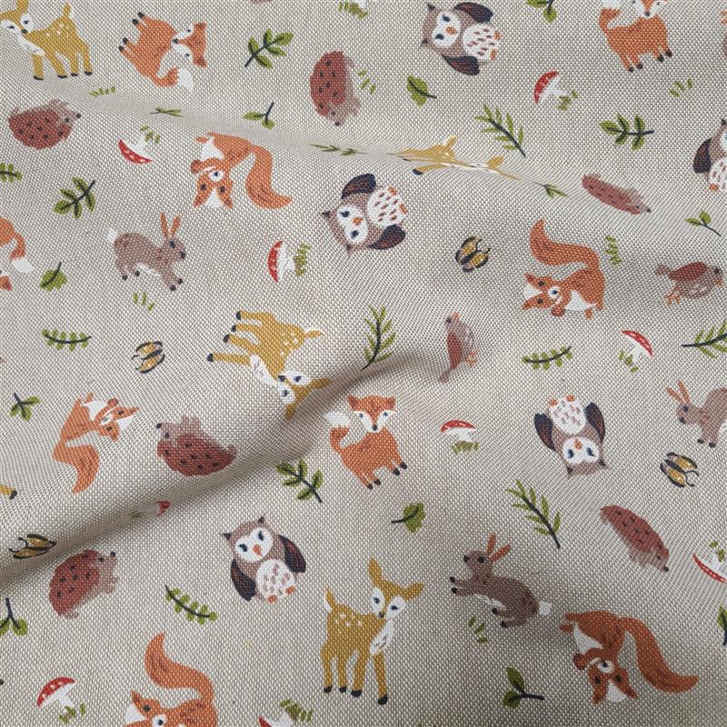 Tissu bachette linenlook imprimé mini animaux forêt