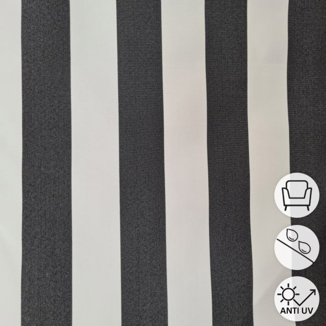 Toile unie Outdoor polyskin anti-uv et Teflon rayé noir blanc 150 cm