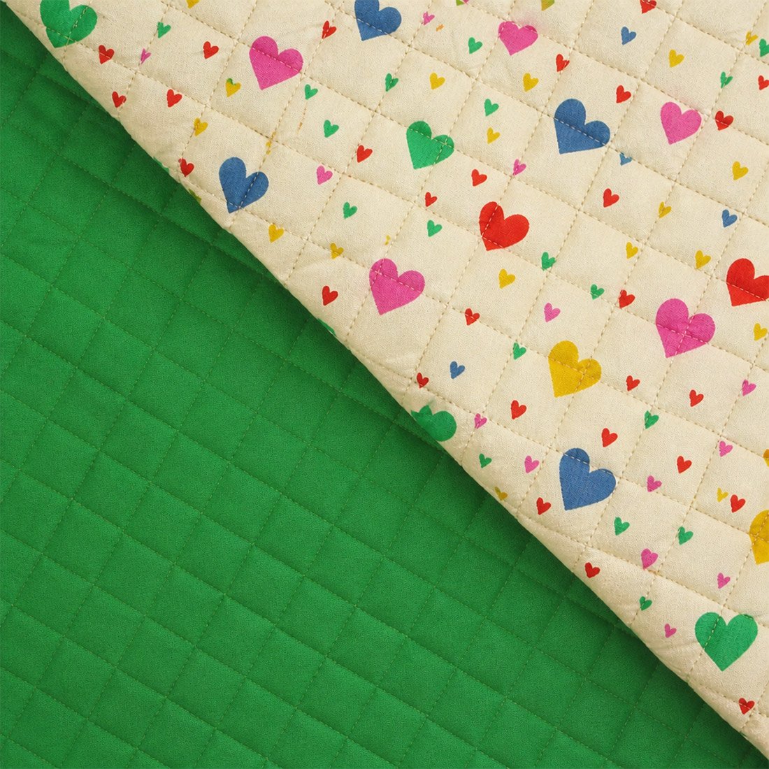 Tissu matelassé double gaze cœurs multico envers uni vert écru et vert - DOMOTEX